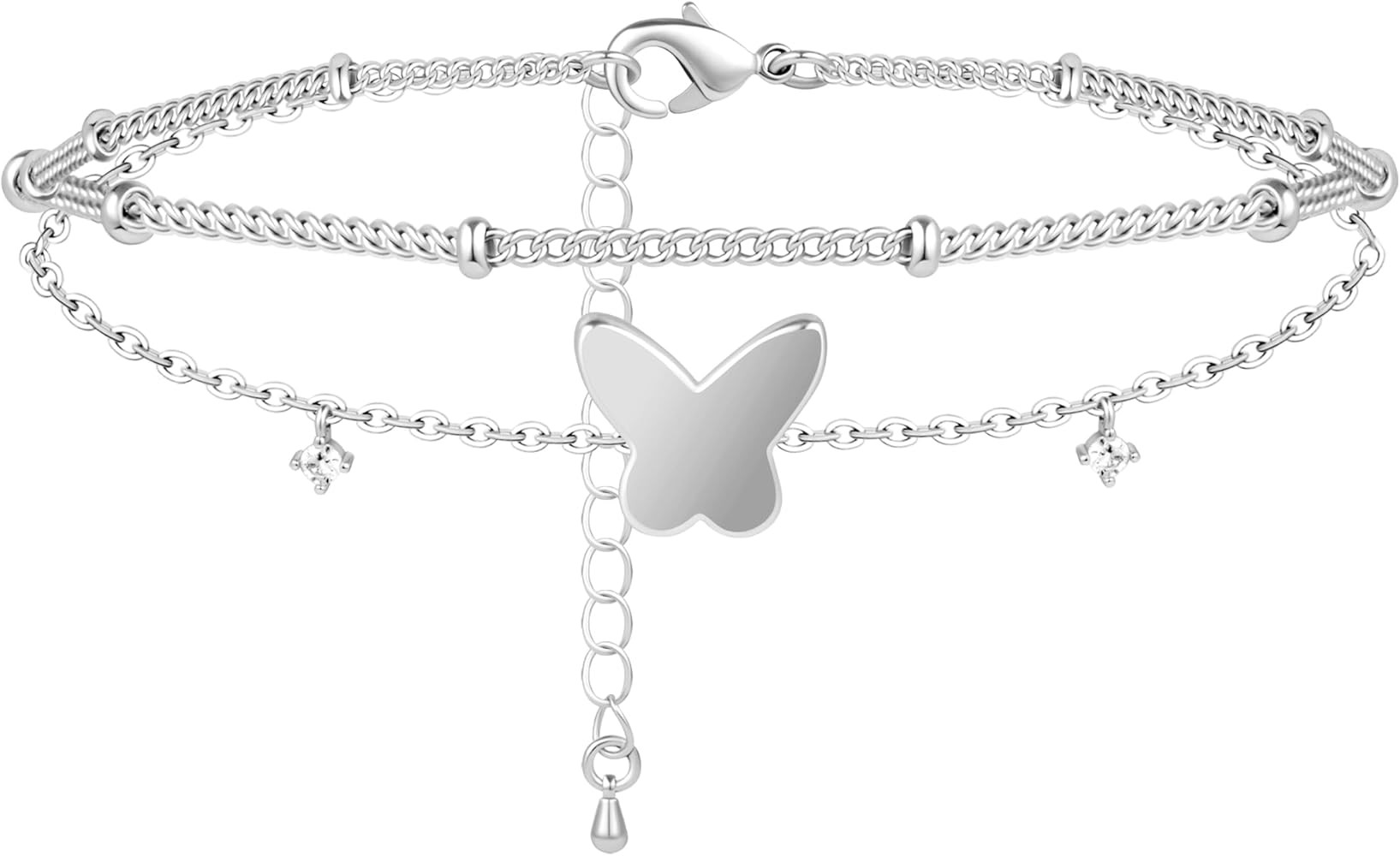 Sterling Silver Anklet Bracelets for Women Waterproof, 925 Sliver Plated CZ & Heart Charm Dainty ... | Amazon (US)