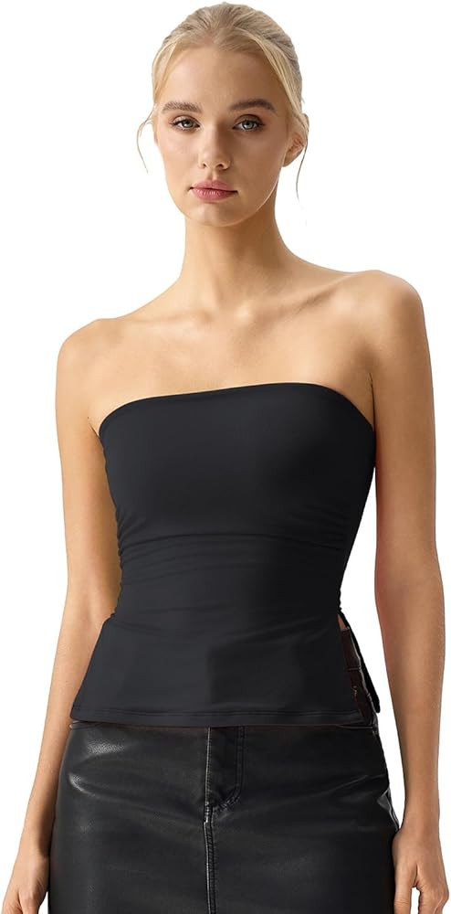 QINSEN Women's Tube Top Double Lined Side Split Strapless Bandeau Top Ruched Summer Going Out Tan... | Amazon (US)