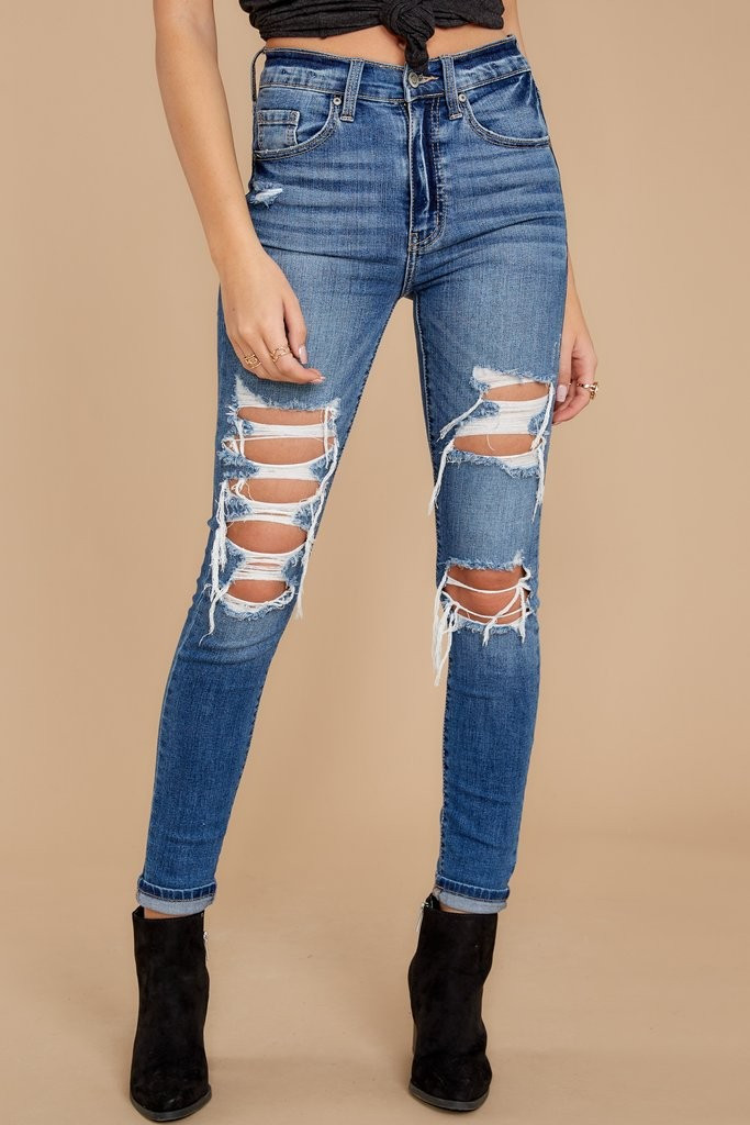 Be Melodramatic Medium Wash Distressed Skinny Jeans | Red Dress 