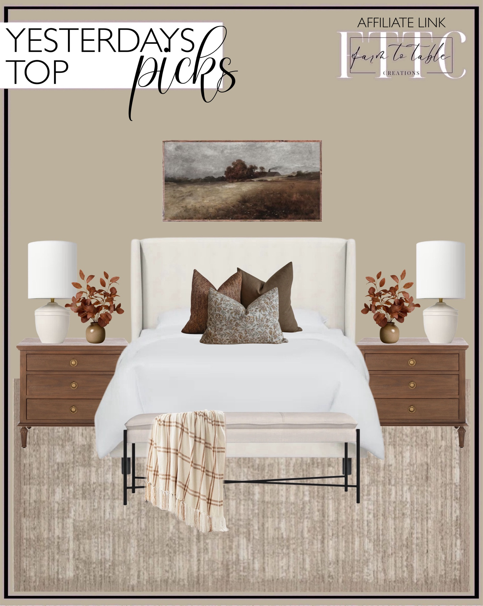 Yesterday’s Top Picks. Follow @farmtotablecreations on Instagram for more inspirational.

Tilly Upholstered Bed. Hubbard Nightstand. Moody Autumn Landscape Canvas. Performance Sand Rug. Landers Upholstered Bench. Eucalyptus arrangement. Mini ceramic table lamp. Evergrace plaid throw. Indian Summer Pillow Combo. Hackner Home  

Bedroom corner | Coffee Table Decor | Fall Decor | Fall Stem Sale | Target Finds | Skinny Bench | Bedroom | Living Room | Breakfast Nook | Amazon Home | Target Sale | Loloi Rugs | Magnolia Home | console table | console table styling | faux stems | entryway space | home decor finds | neutral decor | entryway decor | cozy home | affordable decor |  home decor | home inspiration | fall stems | fall console | spring vignette | fall decor | fall decorations | console styling | entryway rug | cozy moody home | moody decor | neutral home



#LTKHome #LTKSaleAlert #LTKFindsUnder50