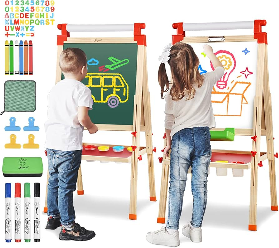 JOYOOSS Kids Wooden Easel with Paper Roll - Adjustable Magnetic Double Sided Drawing Board Whiteb... | Amazon (US)