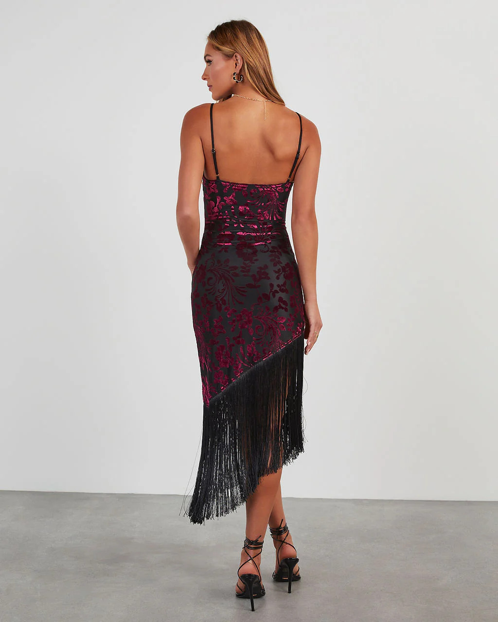 Felicia Velvet Burnout Asymmetrical Fringe Dress | VICI