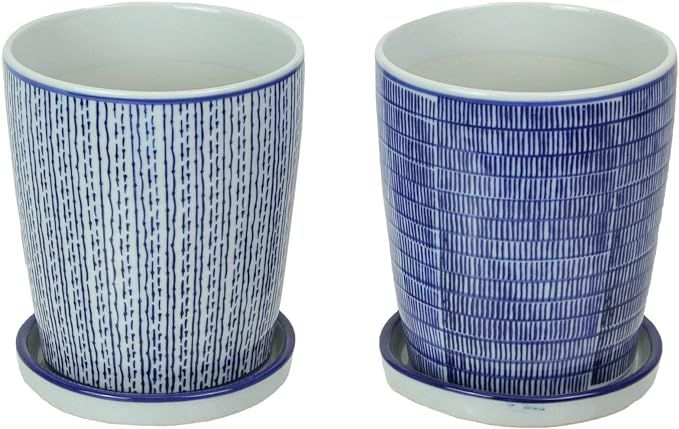Imports Set of 2 Striped Blue and White Planter Pots with Saucers 6 Inches High, Multicolored, On... | Amazon (US)