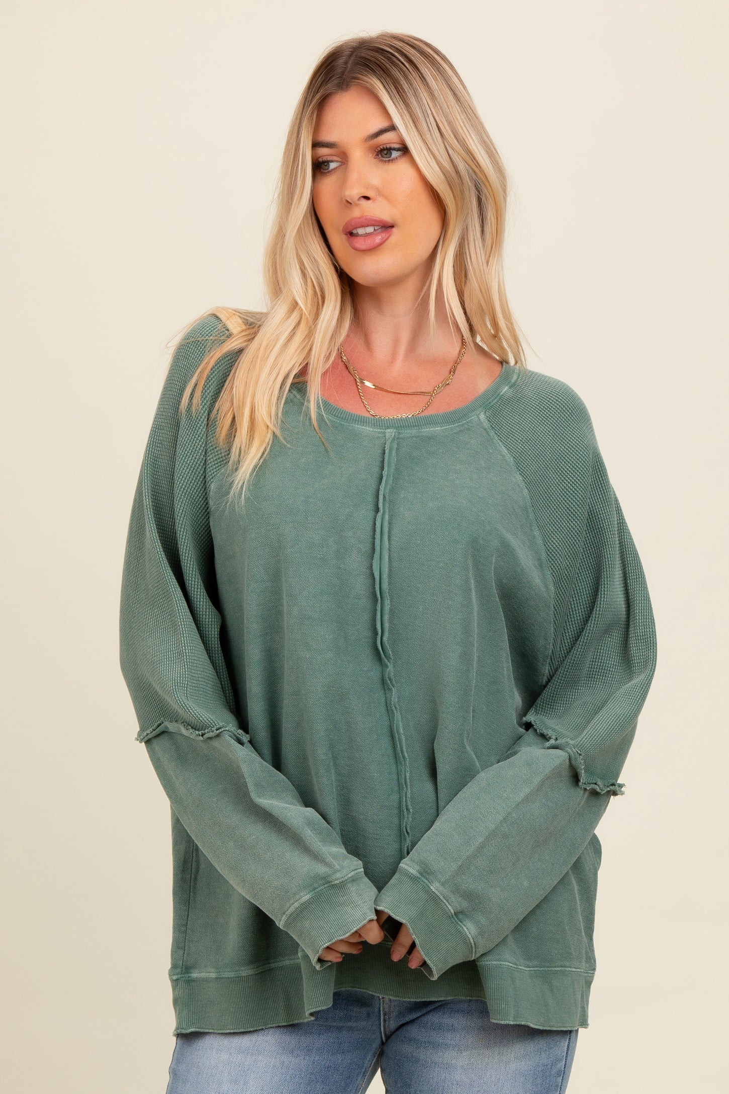 Forest Green Mixed Knit Raw Hem Pullover Top | PinkBlush Maternity