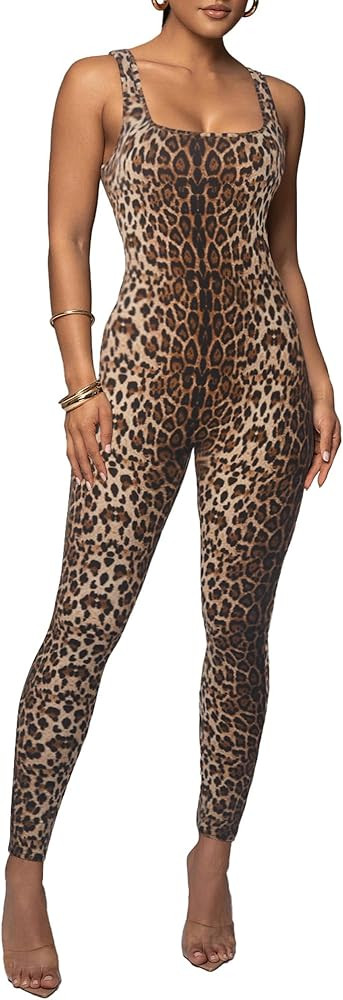 Leopard Print One Piece Jumpsuits for Women Tank Sleeveless Bodycon Rompers Workout Full Bodysuit | Amazon (US)