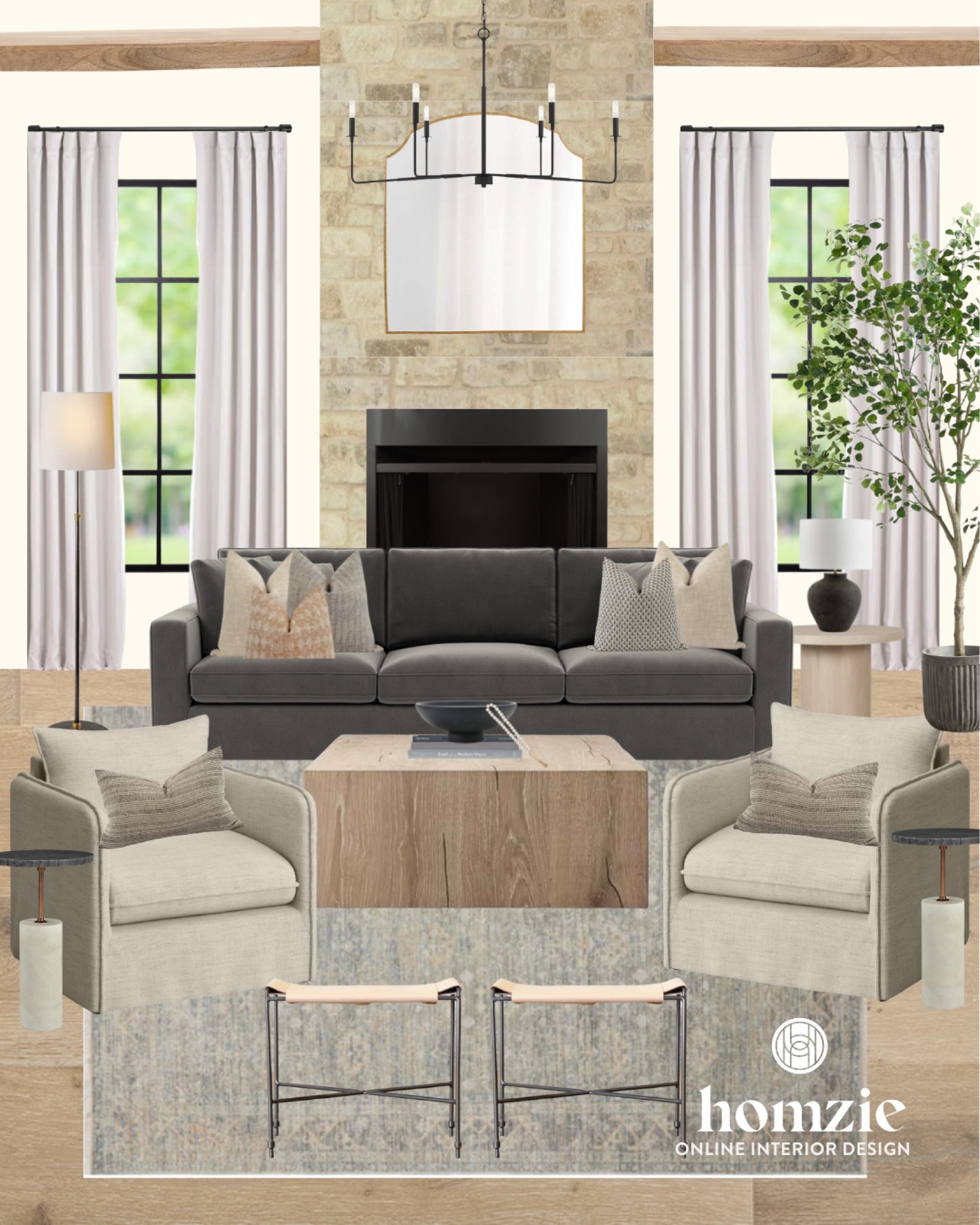 Living room, living room mood board, living room design, living room inspiration, gray sofa, area rug, neutral rug, wood coffee table, modern classic, organic modern, leather ottoman, mood board 

#LTKhome