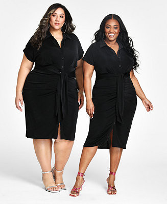 Nina Parker Trendy Plus Size Tie-Front Ruched Shirtdress - Macy's | Macy's