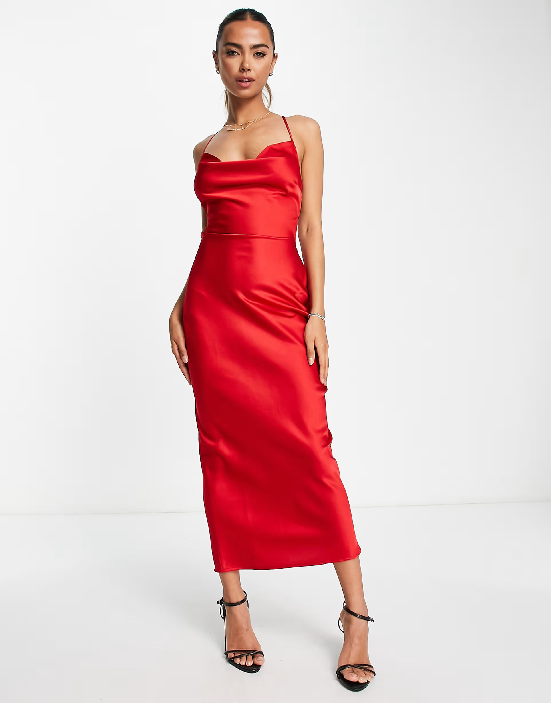 In The Style exclusive satin cowl front midi dress in red | ASOS (Global)
