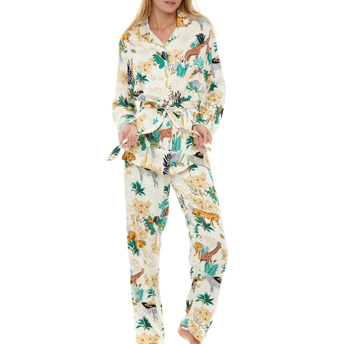 Women's Front Tie Pajamas Lounge Set, Long Sleeve Top and Pants, Silky Pjs Floral Flowers | Target