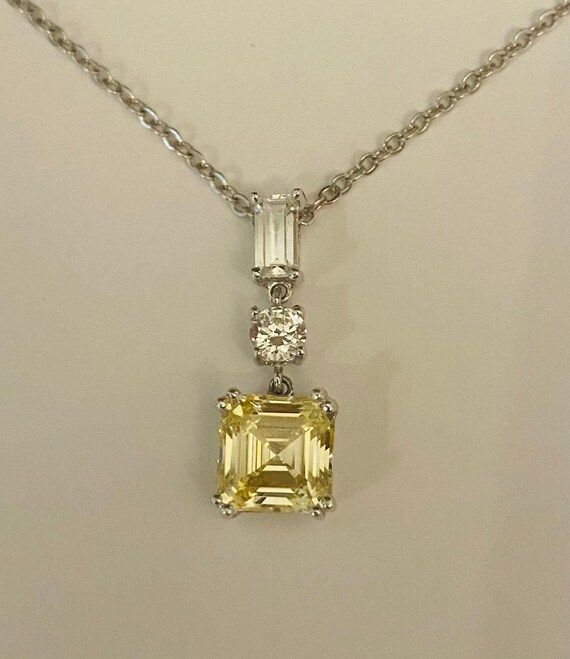 Canary Yellow Asscher Cut Pendant With Baguette and Round | Etsy | Etsy (US)