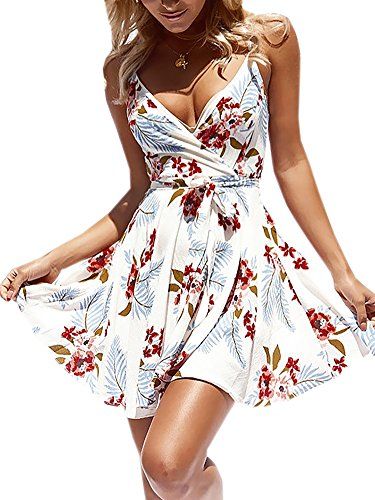 ECOWISH Womens Dresses Summer Floral Print V-Neck Spaghetti Strap Mini Swing Skater Dress with Belt  | Amazon (US)