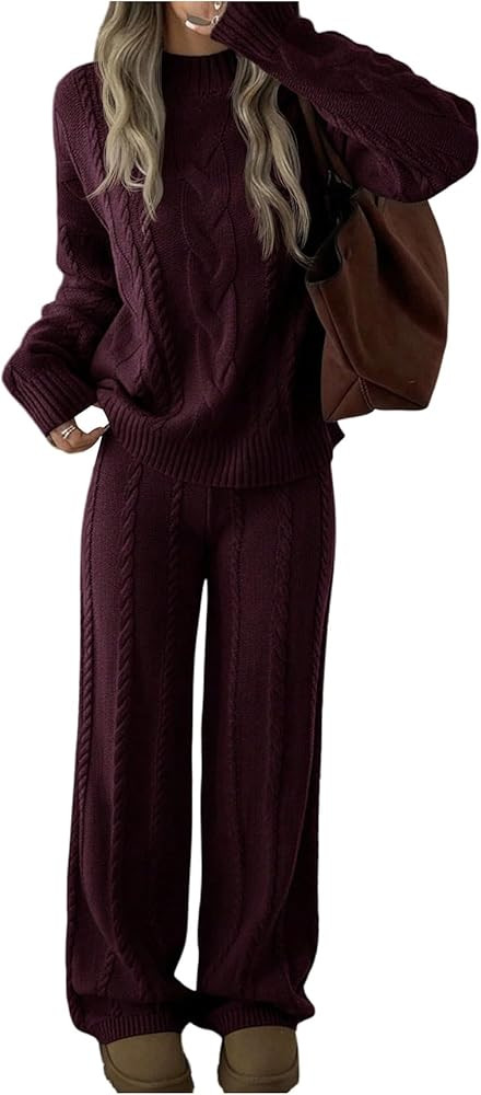 MakeMeChic Women's 2 Piece Set Crew Neck Long Sleeve Knit Sweater Tops Wide Leg Pants Sets | Amazon (US)