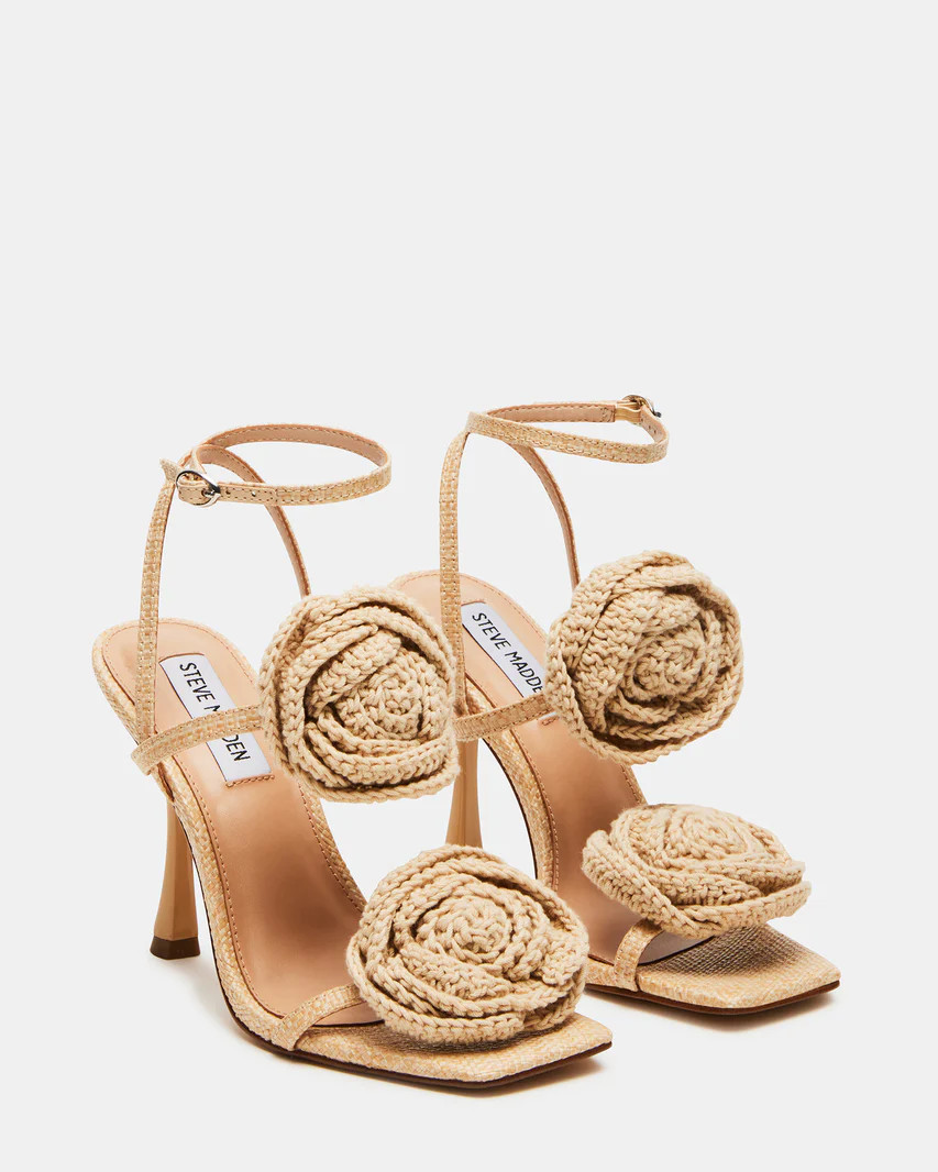 ROSABEL Raffia Rose Embellished Strappy Heel | Women's Heels | Steve Madden (US)