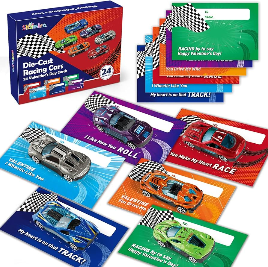 Valentine's Day Cards for Kids- 24 Metal Die-Cast Racing Cars with Valentine's Cards Bulk, Valent... | Amazon (US)