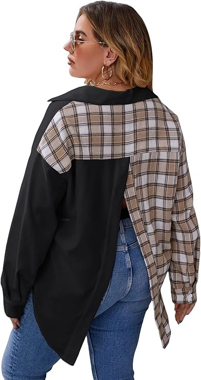 OYOANGLE Women's Plus Size Long Sleeve Plaid Shirt Colorblock Button Down Blouse Slit Top | Amazon (US)