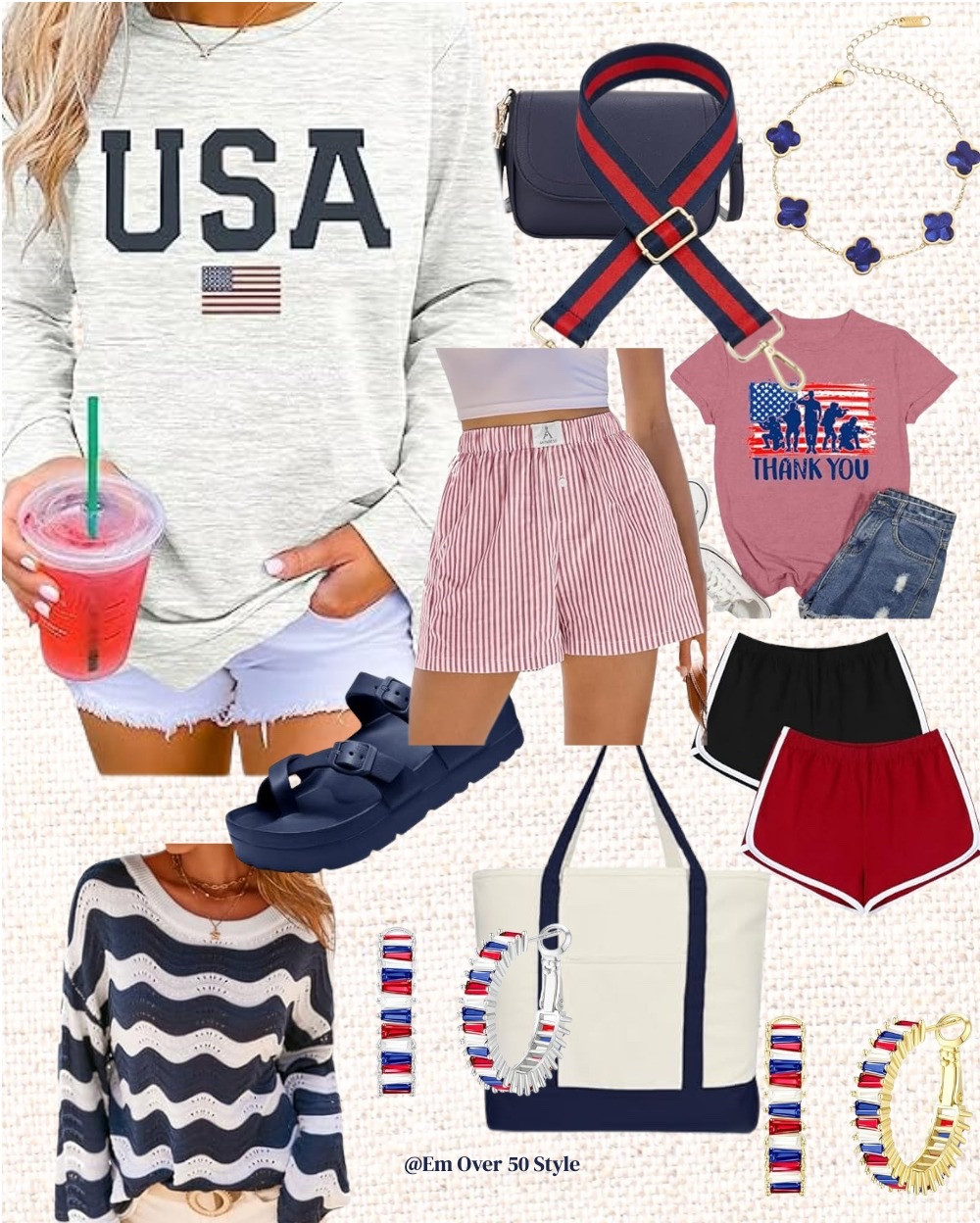 🇺🇸✨ The Most Festive & Affordable Memorial Day + 4th of July Outfits — All From Amazon! 
Red, white, and blue never looked so good! 🙌 Whether you're heading to a cookout, parade, fireworks show, or lake day, these Amazon patriotic fashion finds will have you looking festive and fabulous all holiday weekend long!
Here's everything in this collection:
🤍 USA graphic sweatshirt — a classic must-have
🇺🇸 "Thank You" military tribute tee — stylish AND meaningful
🩷 Red striped linen shorts — lightweight & so cute
🖤❤️ Navy & red athletic shorts — perfect for casual summer days
💙 Navy wave-stripe sweater — great for cooler evenings
👜 Navy crossbody bag with red & navy striped strap
🧢 Navy & white canvas tote bag
💎 Red, white & blue hoop earrings — both silver & gold options!
💙 Navy clover necklace & earring set
👡 Chunky navy platform sandals
These are the best-rated, most stylish patriotic outfits for women on Amazon in 2026 — and every single piece is affordable! Drop a 🇺🇸 if you're ready to celebrate in style!
#PatrioticOutfits #MemorialDayStyle #4thOfJulyLooks
Disclosure: This post contains Amazon affiliate links. I may earn a small commission on purchases made through these links at no additional cost to you.

#LTKOver40 #LTKSaleAlert #LTKootd