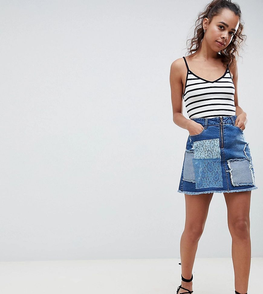 Urban Bliss Petite Deconstructed Lace Patchwork Denim Mini Skirt-Multi | ASOS (Global)