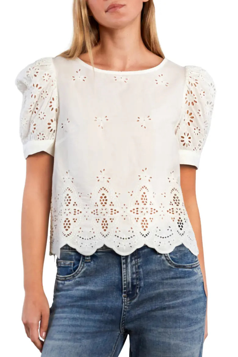 Halo Eyelet Puff Sleeve Cotton Blend Top (Women) | Nordstrom | Nordstrom