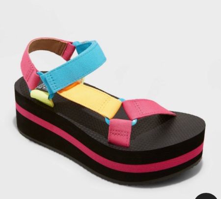 Fun colorblick pink, black, neon yellow, green blue. Sandals platforms. Look like tevas flatform. 

#LTKSeasonal #LTKtravel #LTKshoecrush