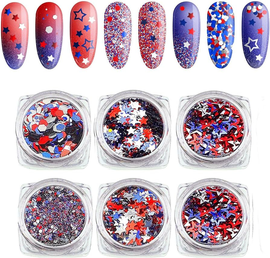 Independence Day Star Glitter 4th of July Nail Art Sequins,6 Boxes Holographic Nail Decals Mixed ... | Amazon (US)