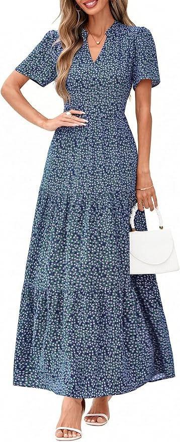 KIRUNDO Womens Summer Floral Maxi Dress Short Sleeve V Neck Boho Long Flowy Casual A Line Dresses... | Amazon (US)