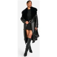 Womens Faux Fur Collar Trench Coat - Black - 4 | boohoo (US & Canada)