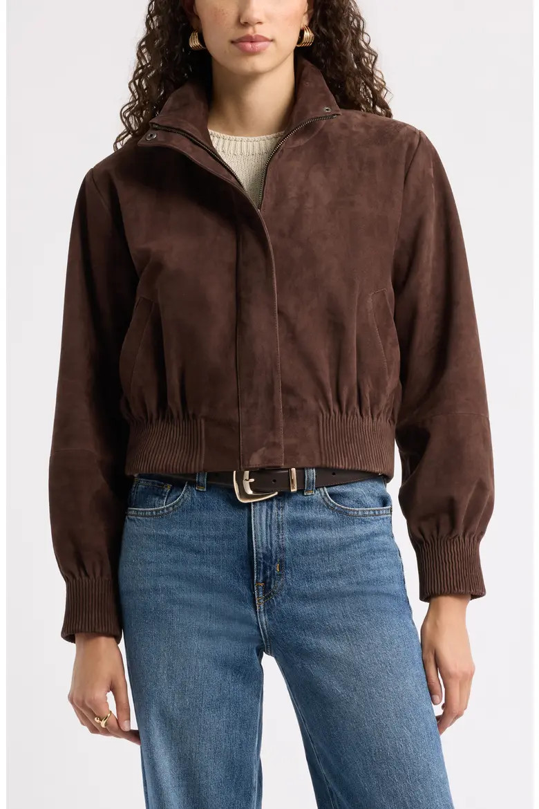 Nordstrom Funnel Neck Suede Bomber Jacket in Brown Coffee at Nordstrom, Size Medium | Nordstrom