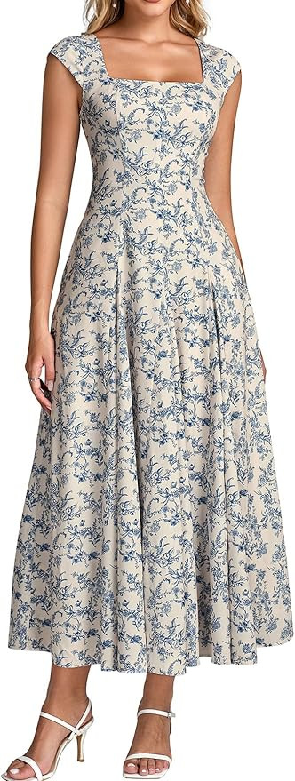 Auraxe Corset Midi Dress Summer Spring Casual Flowy A Line Square Neck Wedding Guest Dresses for ... | Amazon (US)