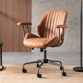 Magic Brown Suede Fabric Swivel Office Task Chair with Arms and Lumbar Support | The Home Depot