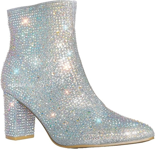 Women Rhinestone Block Chunky Heel Ankle Bootie | Amazon (US)