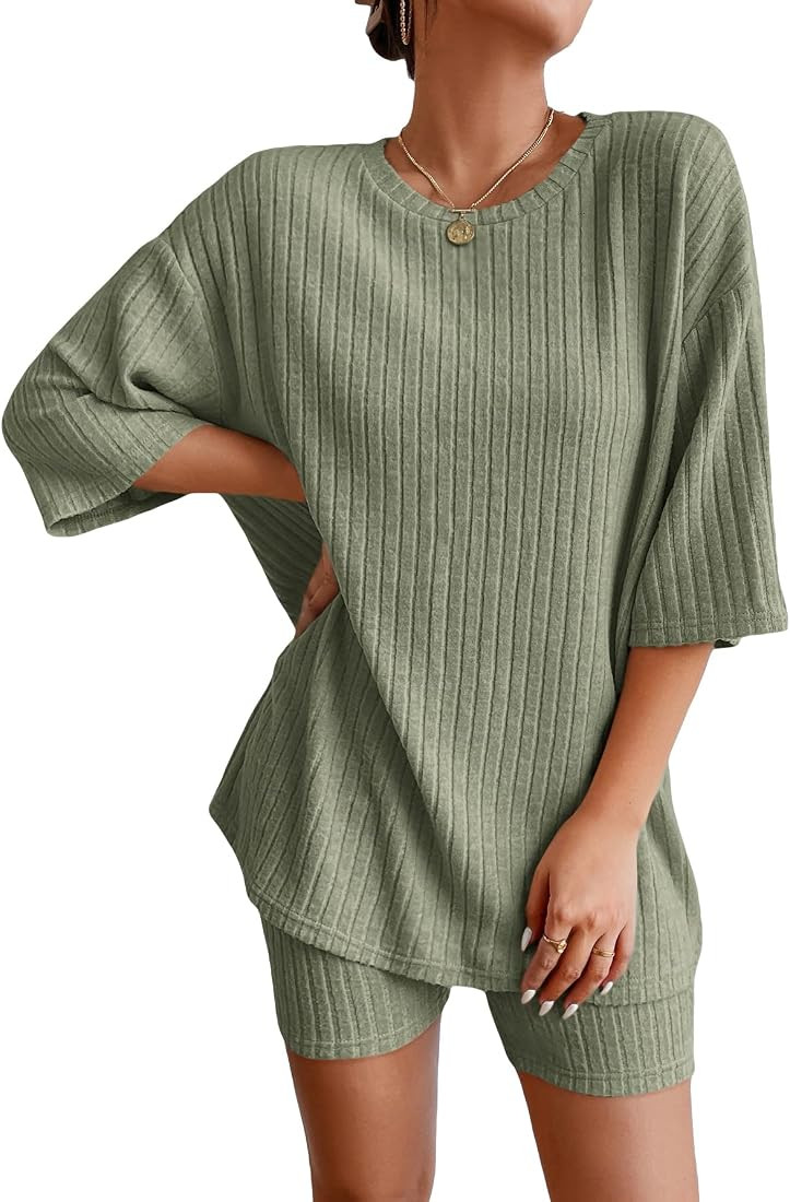 WDIRARA Women's 2 Piece Outfits Ribbed Short Sleeve Drop Shoulder Tee and Shorts Set | Amazon (US)