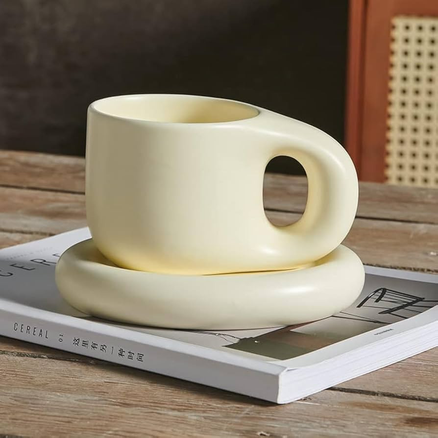 Koythin Ceramic Coffee Chubby Mug Saucer Set, Creative Cute Fat Handle Cup with Saucer for Office... | Amazon (US)