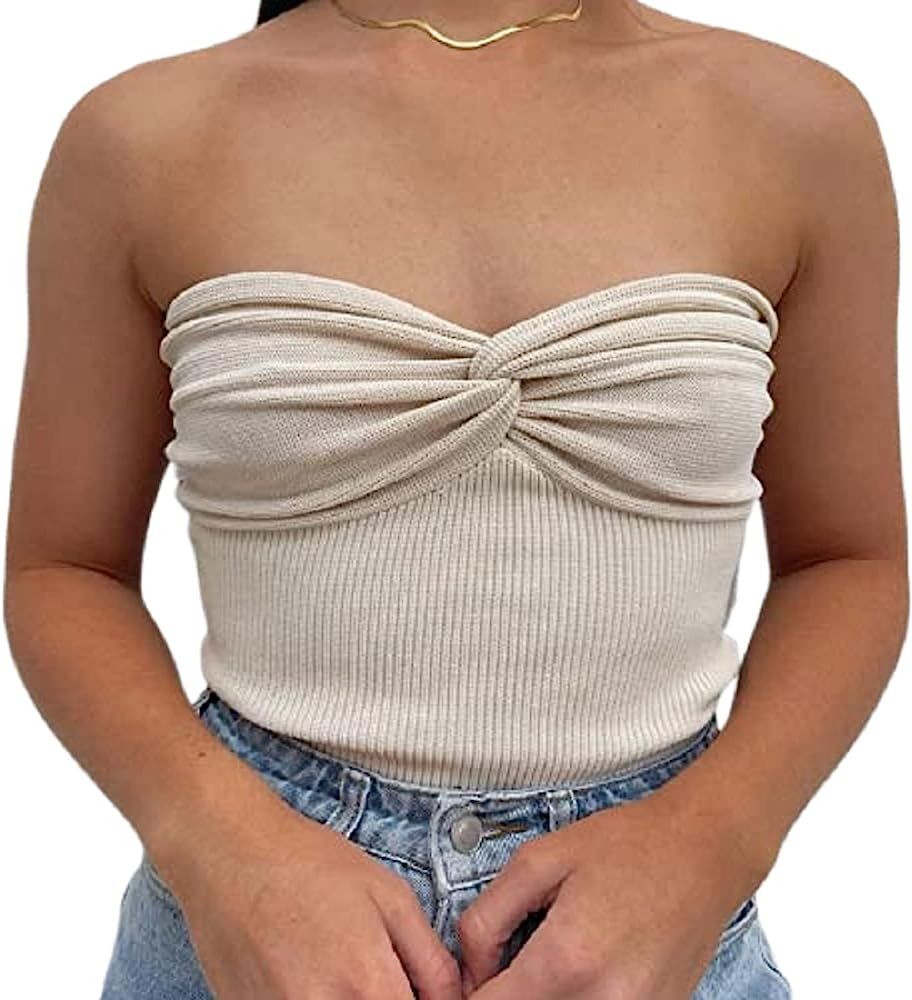 Womens Strapless Sexy Knit Tube Crop Top with Twist Knot Front Summer Cute Going Out Tops | Amazon (US)