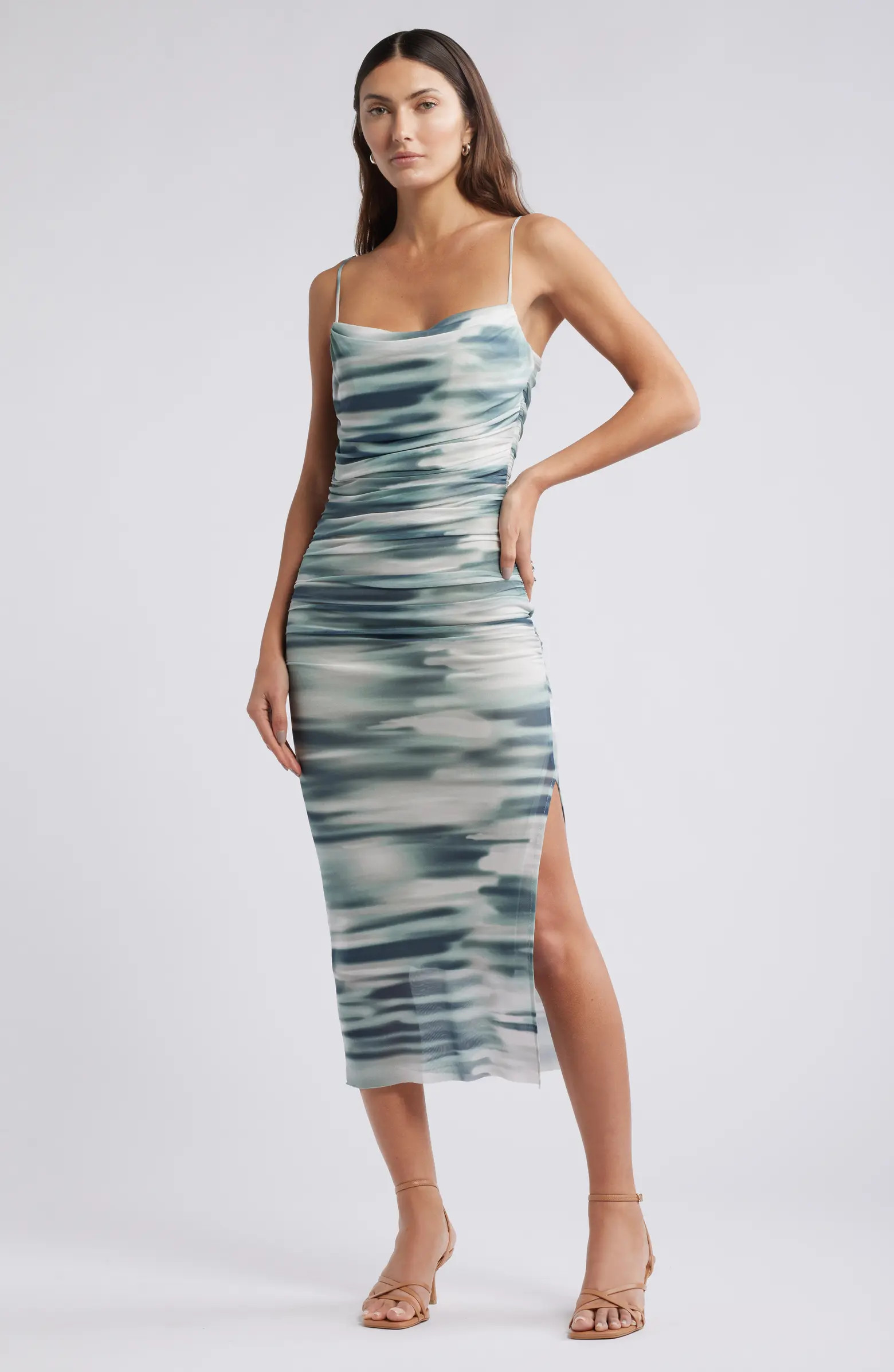 Open Edit Shirred Mesh Midi Dress | Nordstrom | Nordstrom