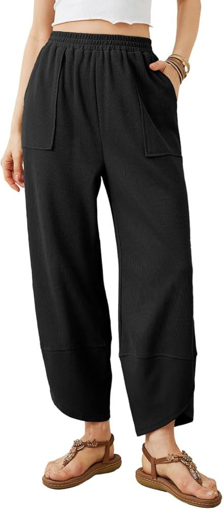 Womens Baggy Wide Leg Pants Summer Casual Elastic Waist Palazzo Harem Pants with Pockets | Amazon (US)