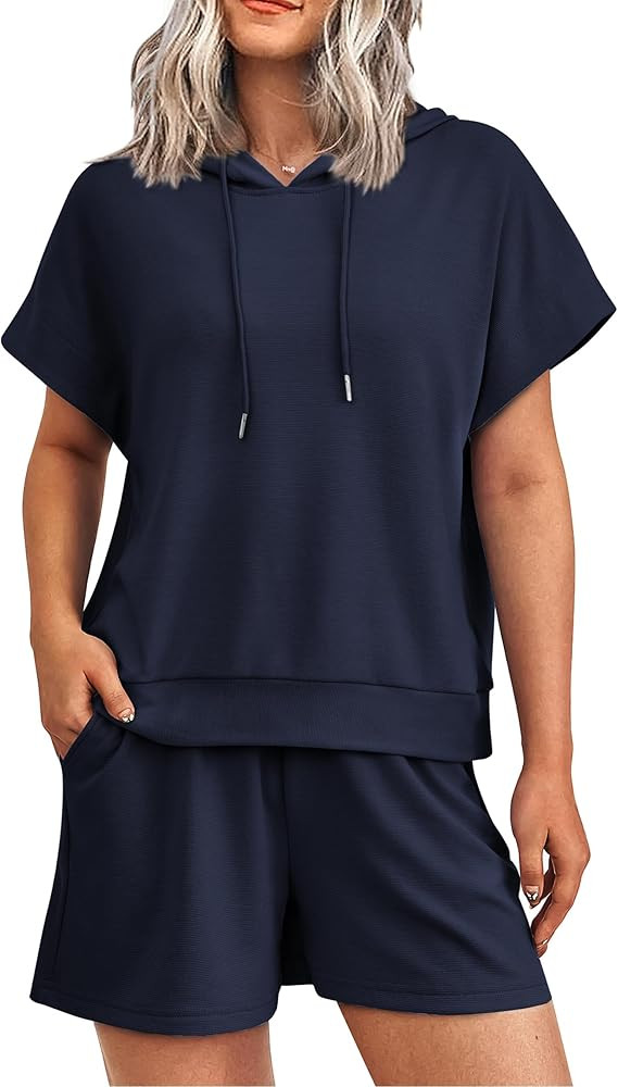 PRETTYGARDEN Women's 2 Piece Outfits Summer Cap Sleeve Hoodie Tops And Lounge Shorts Sweatsuits S... | Amazon (US)
