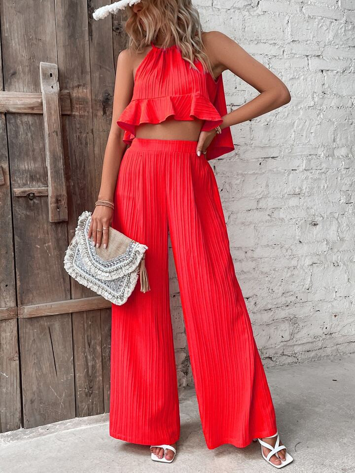 SHEIN VCAY Ruffle Hem Halter Top & Wide Leg Pants | SHEIN