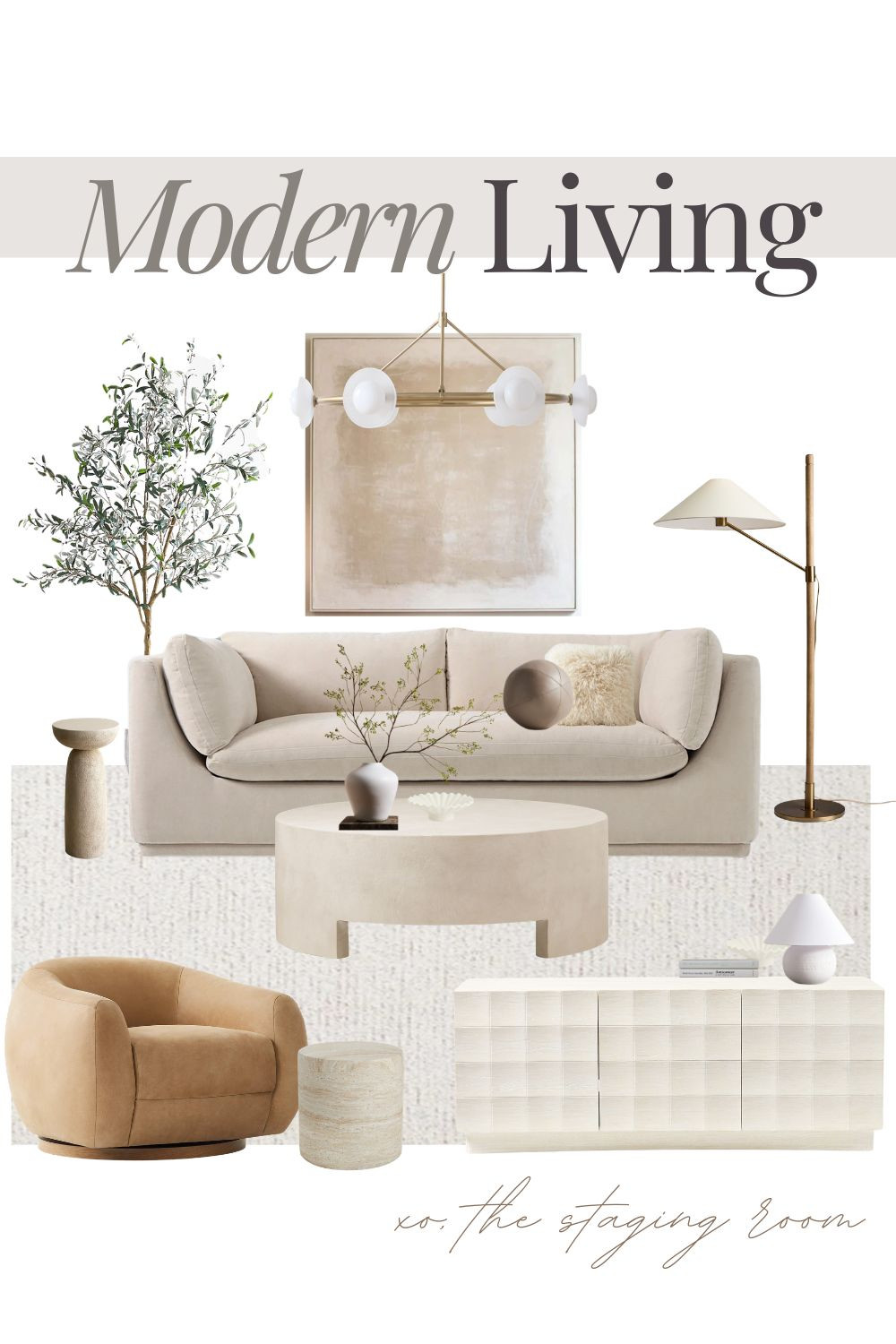 Create a modern living space that feels both curated and comfortable with an organic modern aesthetic. 

This design centers on a plush cream sofa and a sculptural tan swivel chair to achieve a warm, quiet luxury vibe.

To keep the look evergreen, this mood board incorporates textural staples like a concrete coffee table, a travertine side table, and a unique checkered sideboard. 

The addition of a faux olive tree, a minimalist brass chandelier, and a sleek arched floor lamp adds an editorial touch that is perfect for a high-end home refresh. 

These neutral, minimalist finds create a serene environment that is both timeless and sophisticated.#livingroomdecor #organicmodern 

 

#LTKhome #LTKsale #LTKhome