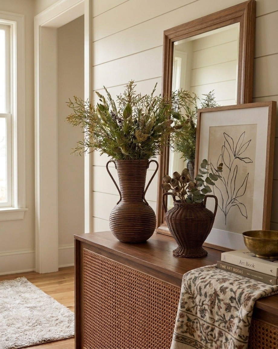 This tall woven rattan urn vase from Annie Meyers-Shyer’s new Target edit adds warmth and natural texture to any tabletop. The classic handles gives it an effortless collected look.#targetstyle #rattanvases #homestyling #shelfstyling

#LTKSeasonal #LTKHome