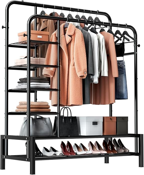 Clothes Rack, Double Rods Clothing Rack with 2 Bottom Shelves & 4 Side Shelves, Metal Garment Rac... | Amazon (US)
