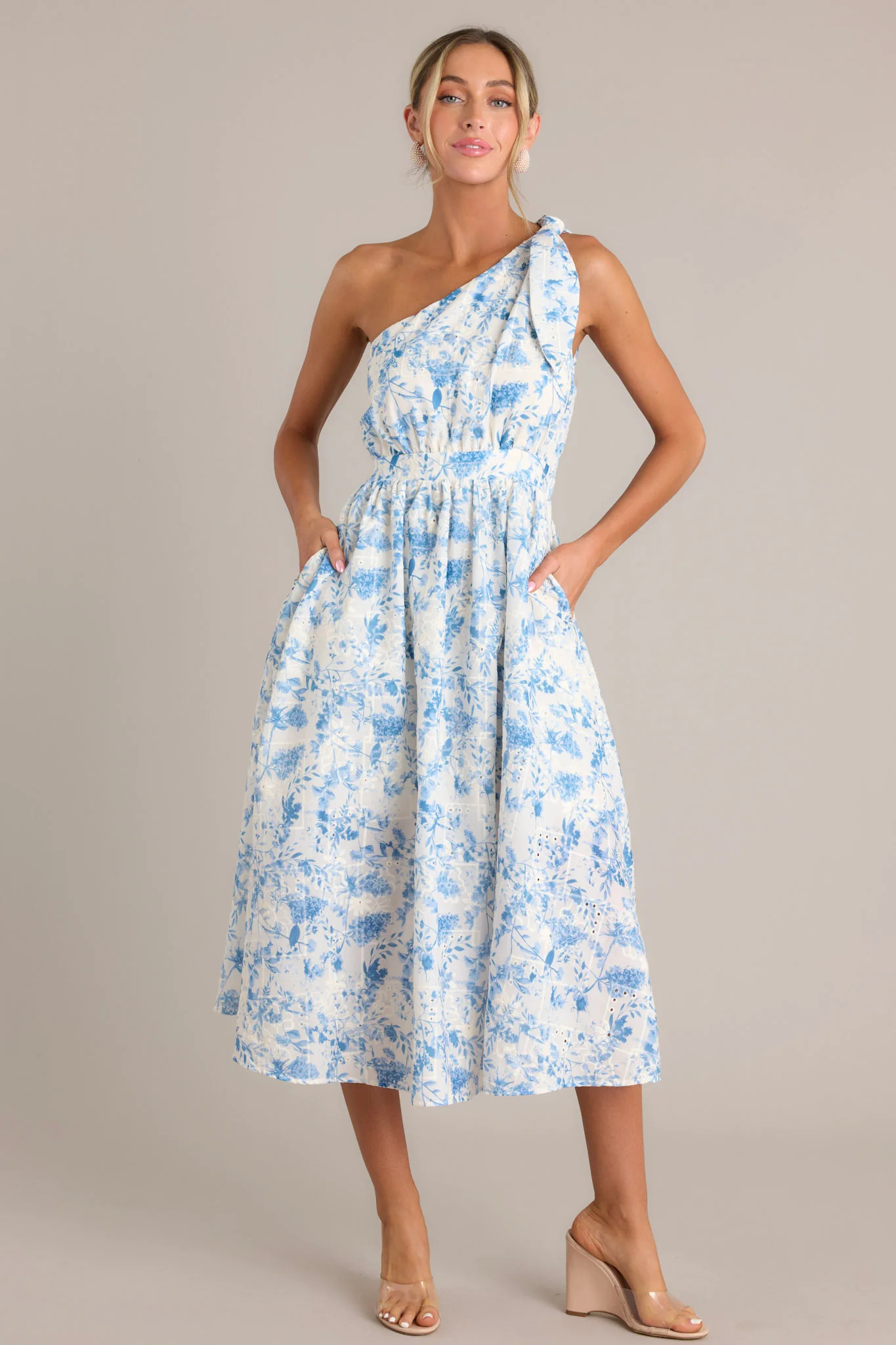 Bluebell Bliss Blue Floral One Shoulder Midi Dress | Red Dress