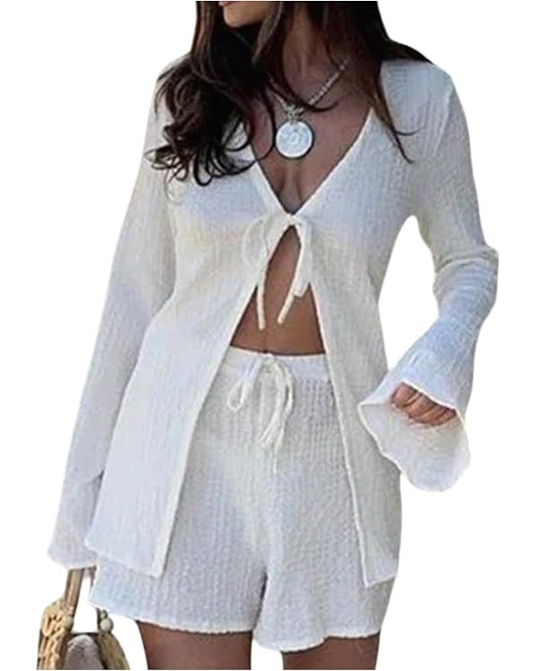 SweatyRocks Women's 2 Piece Bell Sleeve Tie Front Blouse and Shorts Set Vacation Outfits | Amazon (US)