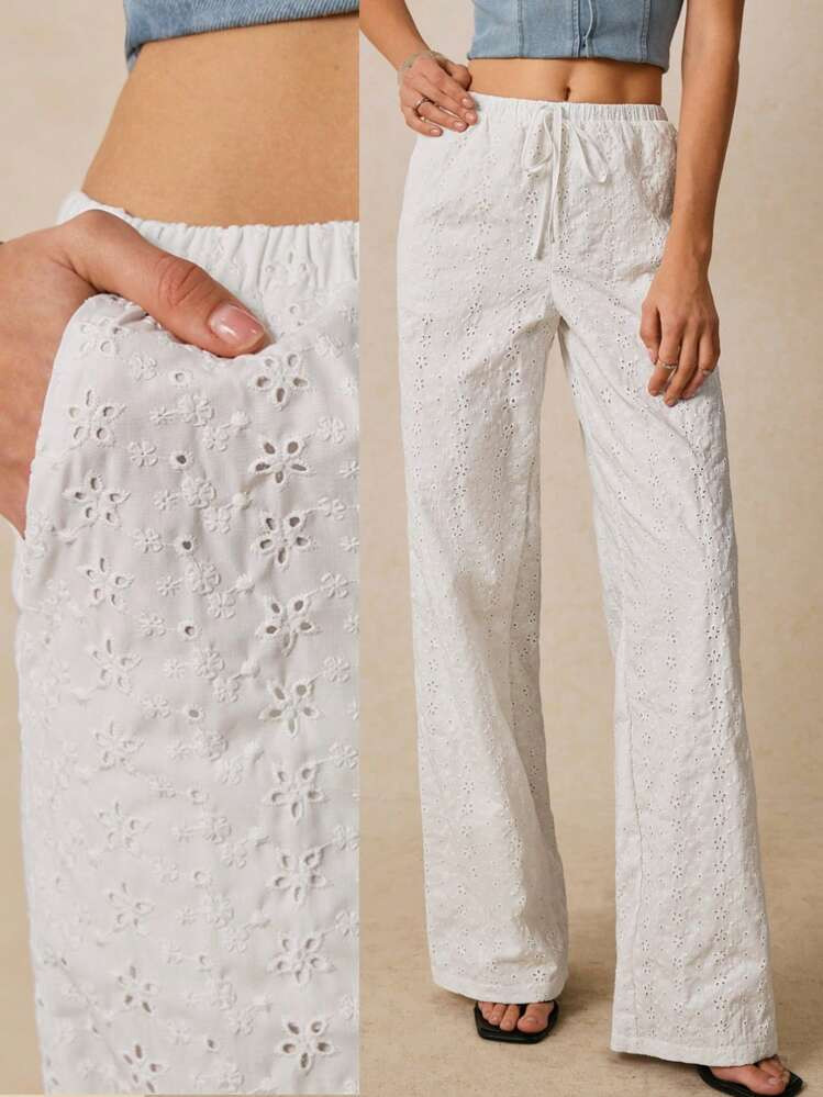 Poéselle Women Solid Color Elegant Embroidery Front Tie Straight Leg Pants, Casual Everyday Wear... | SHEIN