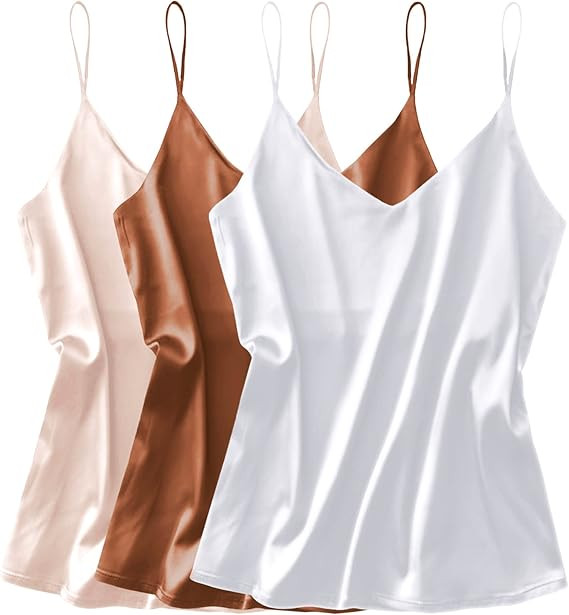 Ekouaer 3 Pack: Womens Silk Satin Tank Top V Neck Camisole Cami Spaghetti Strap Top Loose Sleevel... | Amazon (US)