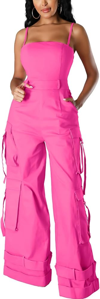 SHINFY Womens Sexy Cargo Jumpsuit Spaghetti Strap Y2K Wide Leg Cargo Pants Jumpsuits Overalls Rom... | Amazon (US)