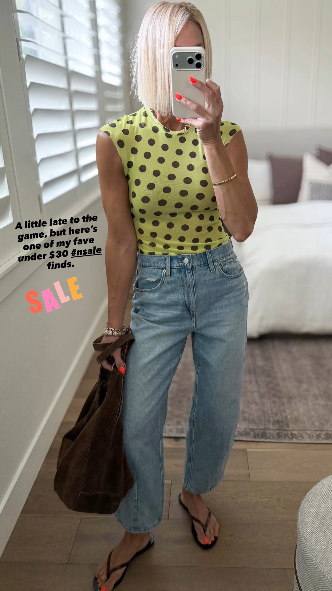 Last chance NSALE finds — live this little green & brown dot top for under $30. Linked exact bralette I’m wearing underneath. Fits tts, wearing a medium.
Sized up in these viral $38 @Target barrel jeans.

#LTKmomlife #LTKSaleAlert #LTKOver40