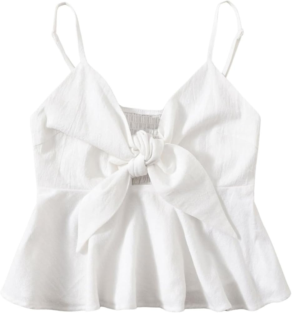 GORGLITTER Women's Bow Peplum Tops Cute Babydoll Sleeveless Tie Front Smocked Cami Going Out Crop... | Amazon (US)