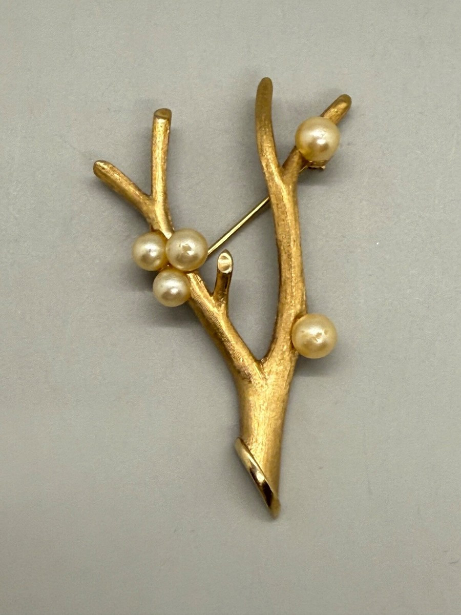 Vintage Crown Trifari Brooch/Pin Faux Pearl Tree Branch Brushed Gold Tone | eBay US