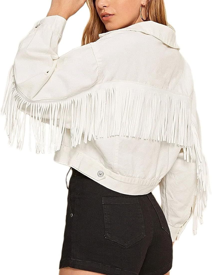 Women's Chic Button Down Tassel Fringe Denim Jean Cropped Jacket | Amazon (US)