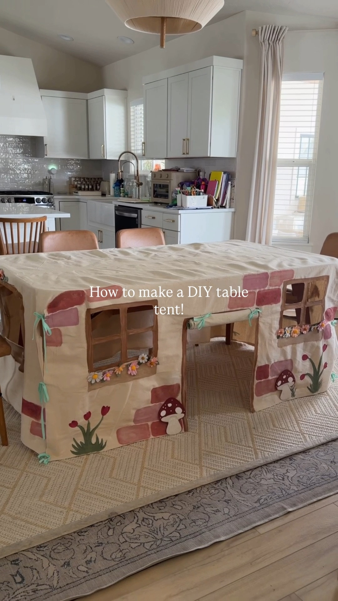 ￼ Making a table tent is super easy! All you need is a drop cloth, some ribbon, and paint!

I used a 9 x 12 drop cloth, but you will base this off the size of your table! You are going to lay your drop cloth out flat and trim it to fit the dimensions of your table. Then you are going to cut out a square at each corner. If your table is 3 feet tall then you will cut a 3‘ x 3‘ square out of each corner of the drop cloth. This allows the fabric too lay flat when you put it over the table.

Next, you’re going to cut out your windows and your door. Once you have everything cut out, you are either going to use hot glue or stitch witchery to fold over and adhere all of your edges down. This will keep all of your edges from fraying!

You can either use fabric paint or you can mix acrylic paint with fabric medium. Fabric medium keeps your paint from cracking! Once your paint is ready, you are going to paint on your design. I drew my design in pencil first and then painted it.

You are going to use ribbon to tie all of the corners together. You can either cut out a circle to do this or you can use a fabric hole punch. You can also skip this step if you don’t want your corners tied. For the door, I also added ribbon to the top so that the kids could keep their door tied open.

Finally, I added, felt flowers to mine and used Velcro dots to adhere them. I did this so that the kids could pick flowers and put them back on!



#LTKKids #LTKBaby #LTKmomlife